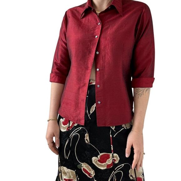 Vintage 1970s Red 100% Silk Womens Collared Button Down Minimalist Blouse Sz M - Picture 1 of 11